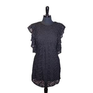 Hiche Dress Casual Shift Short Ruffle Sleeve Crochet Overlay Black S